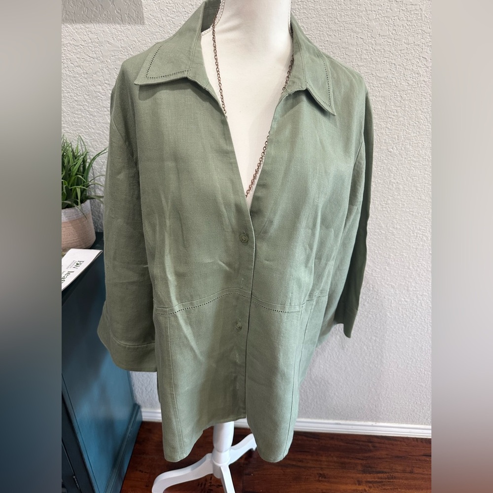 Style and Co Green Button-Up 100% Linen Shirt size 24 w
